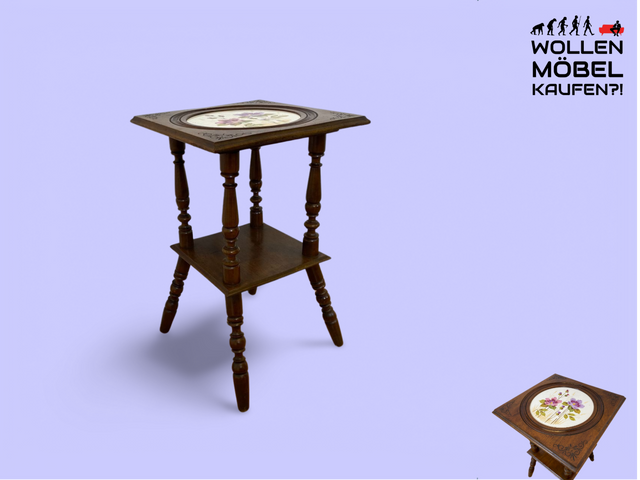 WMK # Wunderschöner und sehr seltener nordischer antiker Beistelltisch mit großer handbemalter Porzellan Platte # Tischchen Ablage Blumentisch Blumensäule Blumen Etagere Gründerzeit Jugendstil Vintage