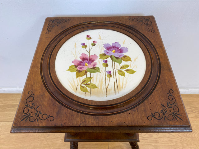 WMK # Wunderschöner und sehr seltener nordischer antiker Beistelltisch mit großer handbemalter Porzellan Platte # Tischchen Ablage Blumentisch Blumensäule Blumen Etagere Gründerzeit Jugendstil Vintage