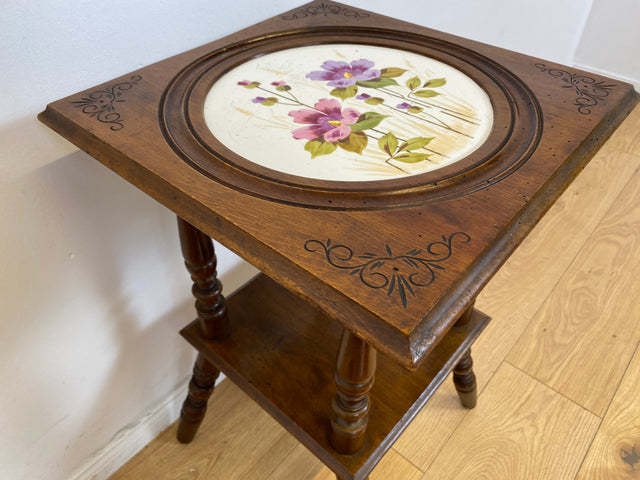 WMK # Wunderschöner und sehr seltener nordischer antiker Beistelltisch mit großer handbemalter Porzellan Platte # Tischchen Ablage Blumentisch Blumensäule Blumen Etagere Gründerzeit Jugendstil Vintage