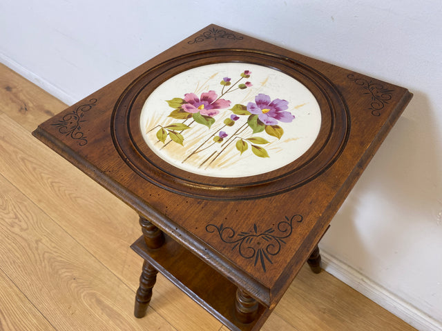 WMK # Wunderschöner und sehr seltener nordischer antiker Beistelltisch mit großer handbemalter Porzellan Platte # Tischchen Ablage Blumentisch Blumensäule Blumen Etagere Gründerzeit Jugendstil Vintage