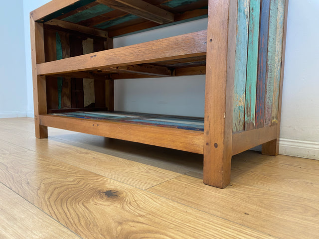 Boatwood by WMK # Farbenfrohe & nachhaltige offene Kommode aus altem Bootsholz, ein handgefertigtes Unikat aus massivem Teakholz # Regal Holzregal TV-Lowboard TV-Board Schuhregal Schuhschrank Flurbank