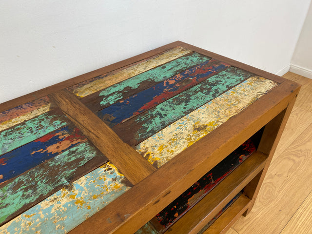 Boatwood by WMK # Farbenfrohe & nachhaltige offene Kommode aus altem Bootsholz, ein handgefertigtes Unikat aus massivem Teakholz # Regal Holzregal TV-Lowboard TV-Board Schuhregal Schuhschrank Flurbank