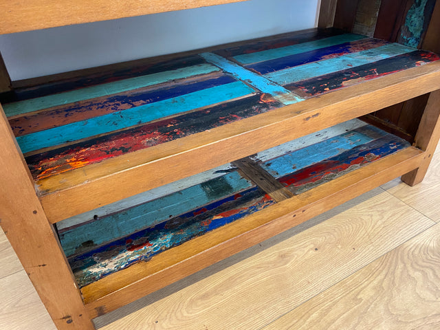 Boatwood by WMK # Farbenfrohe & nachhaltige offene Kommode aus altem Bootsholz, ein handgefertigtes Unikat aus massivem Teakholz # Regal Holzregal TV-Lowboard TV-Board Schuhregal Schuhschrank Flurbank