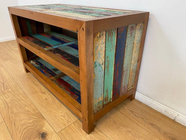 Boatwood by WMK # Farbenfrohe & nachhaltige offene Kommode aus altem Bootsholz, ein handgefertigtes Unikat aus massivem Teakholz # Regal Holzregal TV-Lowboard TV-Board Schuhregal Schuhschrank Flurbank