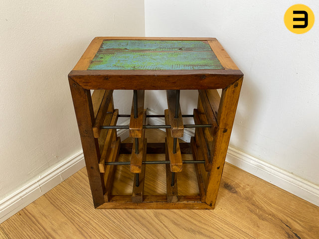 Boatwood by WMK # 1/5 Einzigartiges Weinregal für 9 Flaschen aus altem Bootsholz, ein handgefertigtes Unikat aus massivem Teakholz # Weinkiste Flaschenregal Beistelltisch Ablage Hocker Blumentisch Weinrack Teak