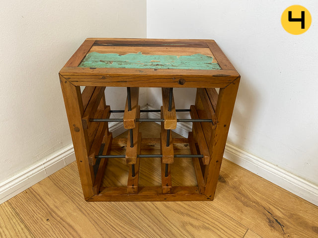 Boatwood by WMK # 1/5 Einzigartiges Weinregal für 9 Flaschen aus altem Bootsholz, ein handgefertigtes Unikat aus massivem Teakholz # Weinkiste Flaschenregal Beistelltisch Ablage Hocker Blumentisch Weinrack Teak