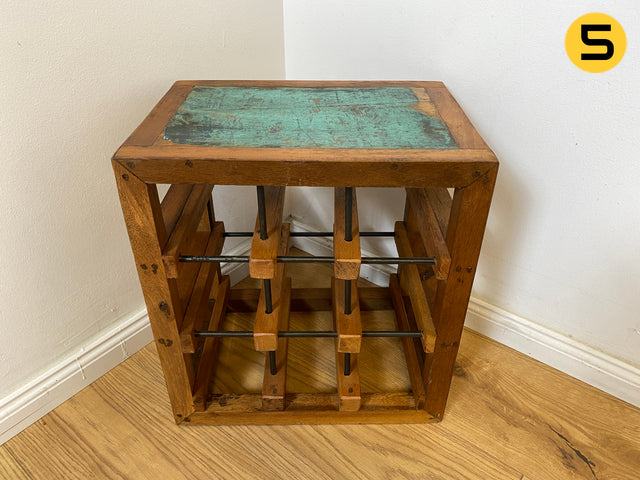 Boatwood by WMK # 1/5 Einzigartiges Weinregal für 9 Flaschen aus altem Bootsholz, ein handgefertigtes Unikat aus massivem Teakholz # Weinkiste Flaschenregal Beistelltisch Ablage Hocker Blumentisch Weinrack Teak