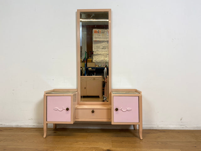 WMK I Sehr hübsche, rosa lackierte, Art Deco Frisierkommode aus vollem Holz mit großem Spiegel und Schublade I Spiegel Kommode Schmink Tisch Kommode Wäsche Ganzkörper Antik Vintage Berlin Leipzig NRW