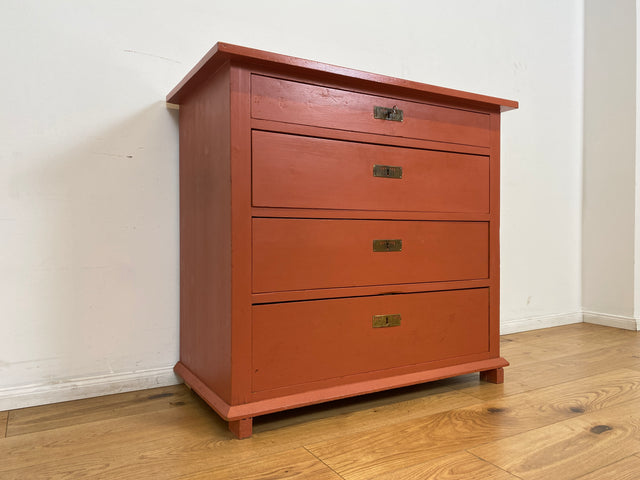 WMK # Freundliche ziegelrote antike Kommode aus vollem Holz mit großen Schubladen und Messingbeschlägen # Schrank Schubladenkommode Wäschekommode Wickelkommode Anrichte Sideboard Jugendstil Vintage