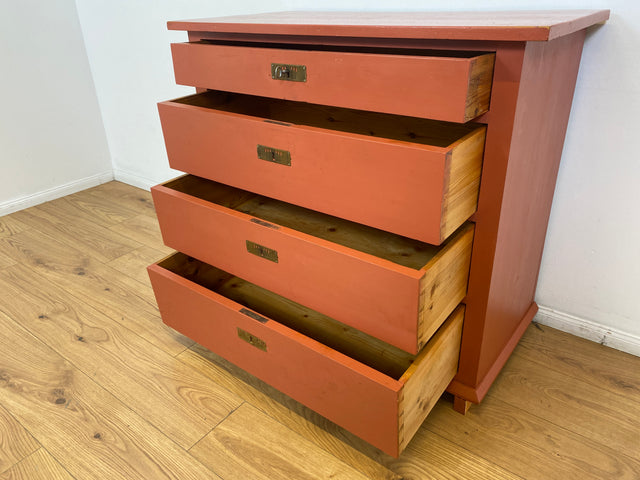WMK # Freundliche ziegelrote antike Kommode aus vollem Holz mit großen Schubladen und Messingbeschlägen # Schrank Schubladenkommode Wäschekommode Wickelkommode Anrichte Sideboard Jugendstil Vintage