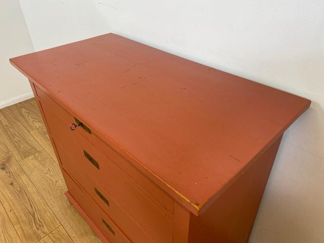 WMK # Freundliche ziegelrote antike Kommode aus vollem Holz mit großen Schubladen und Messingbeschlägen # Schrank Schubladenkommode Wäschekommode Wickelkommode Anrichte Sideboard Jugendstil Vintage