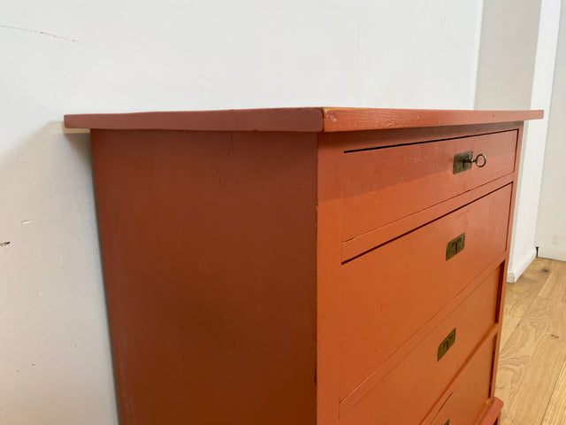 WMK # Freundliche ziegelrote antike Kommode aus vollem Holz mit großen Schubladen und Messingbeschlägen # Schrank Schubladenkommode Wäschekommode Wickelkommode Anrichte Sideboard Jugendstil Vintage