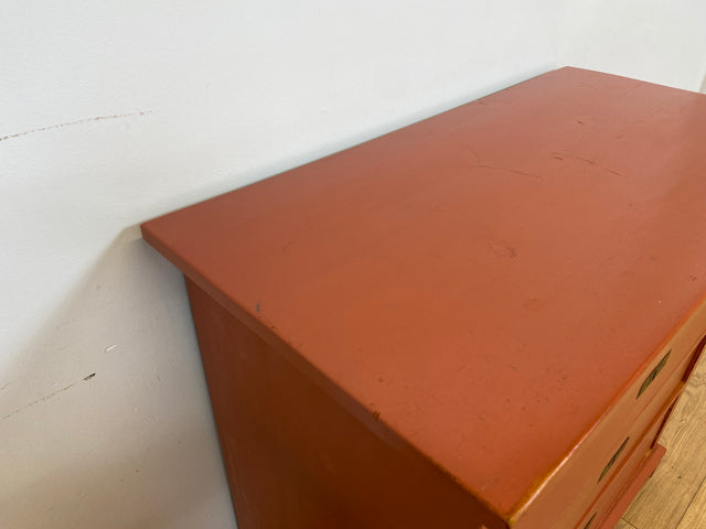WMK # Freundliche ziegelrote antike Kommode aus vollem Holz mit großen Schubladen und Messingbeschlägen # Schrank Schubladenkommode Wäschekommode Wickelkommode Anrichte Sideboard Jugendstil Vintage