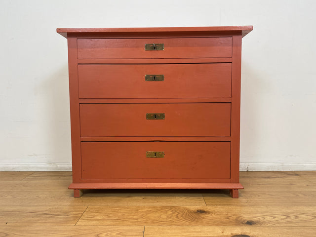 WMK # Freundliche ziegelrote antike Kommode aus vollem Holz mit großen Schubladen und Messingbeschlägen # Schrank Schubladenkommode Wäschekommode Wickelkommode Anrichte Sideboard Jugendstil Vintage