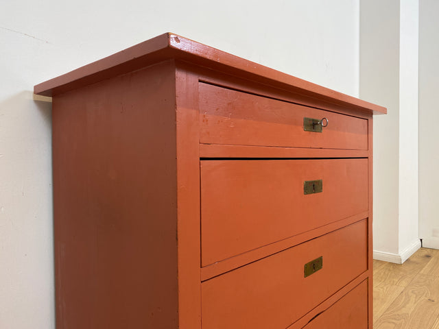 WMK # Freundliche ziegelrote antike Kommode aus vollem Holz mit großen Schubladen und Messingbeschlägen # Schrank Schubladenkommode Wäschekommode Wickelkommode Anrichte Sideboard Jugendstil Vintage