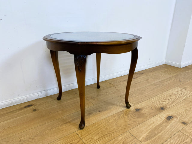 WMK # Wunderschöner kleiner runder 50er Jahre Chippendale Couchtisch mit Glasplatte & feinem Wiener Sonnengeflecht # Wohnzimmertisch Glastisch Beistelltisch Geflecht Coffee Table Mid-Century Vintage