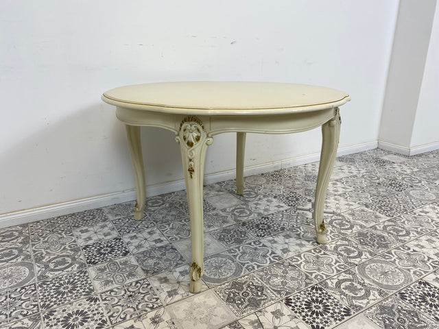 WMK# Eleganter runder weißer Salontisch aus den 1960ern im Rokoko Stil mit verziertem Holzrahmen & goldenen Akzenten I Couchtisch Tisch Coffee Table Chippendale Stilmöbel Louis XV Vintage Berlin NRW