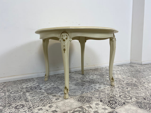 WMK# Eleganter runder weißer Salontisch aus den 1960ern im Rokoko Stil mit verziertem Holzrahmen & goldenen Akzenten I Couchtisch Tisch Coffee Table Chippendale Stilmöbel Louis XV Vintage Berlin NRW