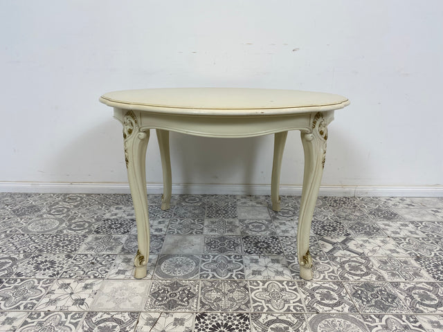 WMK# Eleganter runder weißer Salontisch aus den 1960ern im Rokoko Stil mit verziertem Holzrahmen & goldenen Akzenten I Couchtisch Tisch Coffee Table Chippendale Stilmöbel Louis XV Vintage Berlin NRW