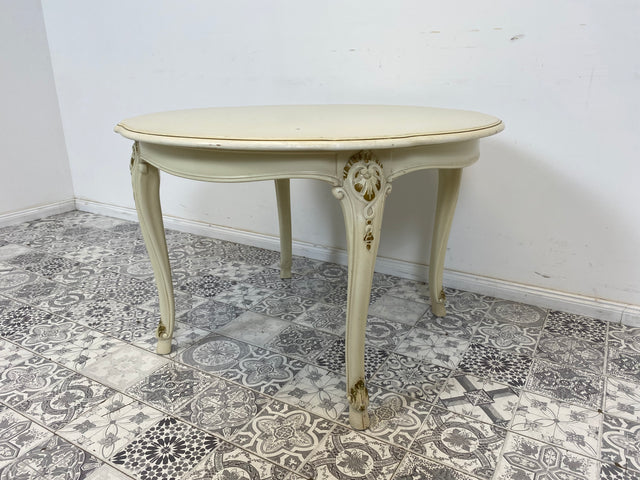 WMK# Eleganter runder weißer Salontisch aus den 1960ern im Rokoko Stil mit verziertem Holzrahmen & goldenen Akzenten I Couchtisch Tisch Coffee Table Chippendale Stilmöbel Louis XV Vintage Berlin NRW