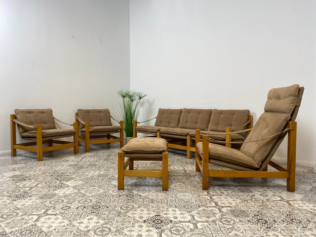 WMK Stilvoller, gemütlicher & gut erhaltener Vintage Hocker im Safari Stil mit hochwertigem Stoffbezug # Sitzhocker Fußhocker Sitz Pouf Tabouret Sitzgarnitur Mid-Century Skandinavisches Design Retro
