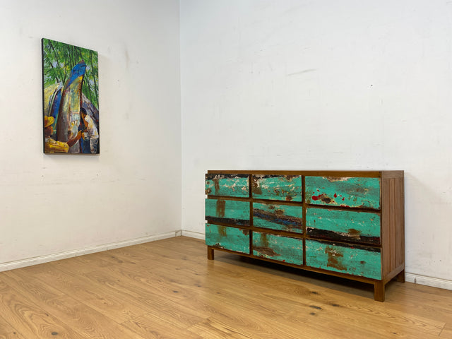 Boatwood by WMK # Wunderschönes & nachhaltiges Sideboard mit 9 Schubladen, ein aus altem Bootsholz handgefertigtes Unikat aus massivem Teakholz # Kommode Wäschekommode Schrank Anrichte Bootsmöbel Teak