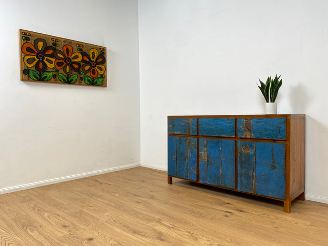 Boatwood by WMK # Sehr schönes meeresblaues Sideboard mit Schubladen , ein aus altem Bootsholz handgefertigtes Unikat aus massivem Teakholz # Schrank Kommode Anrichte Wäschekommode Fernsehkommode Teak