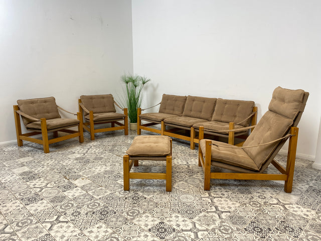 WMK Stilvoller, gemütlicher & gut erhaltener Vintage Hocker im Safari Stil mit hochwertigem Stoffbezug # Sitzhocker Fußhocker Sitz Pouf Tabouret Sitzgarnitur Mid-Century Skandinavisches Design Retro