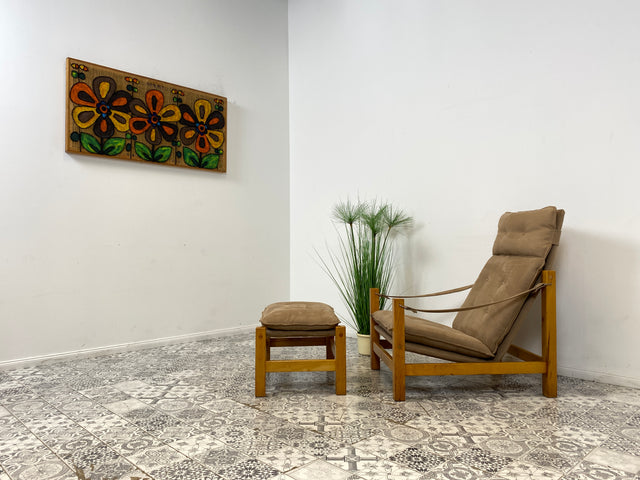 WMK Stilvoller, gemütlicher & gut erhaltener Vintage Hocker im Safari Stil mit hochwertigem Stoffbezug # Sitzhocker Fußhocker Sitz Pouf Tabouret Sitzgarnitur Mid-Century Skandinavisches Design Retro