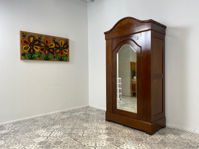 WMK Wunderschöner und gut erhaltener antiker Kleiderschrank aus vollem Holz mit Spiegel & feinen Holzschnitzereien # Schrank Dielenschrank Vertiko Wardrobe Garderobe Wäscheschrank Jugendstil Vintage