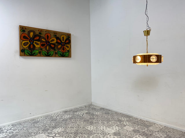 WMK Stilvolle und gut erhaltene skandinavische Space Age Deckenlampe Teakholz Ummantelung & Glaseinsätzen # Pendelleuchte Deckenleuchte Hängelampe Lampe Wohnzimmerlampe Küchenlampe Teak 60er Vintage