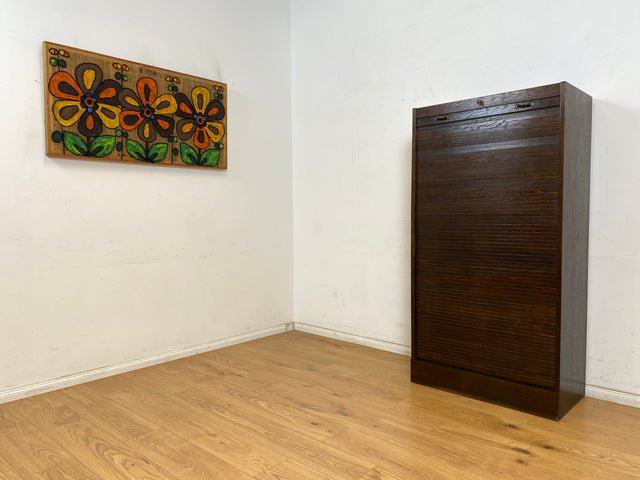 WMK Schöner und gut erhaltener Schreibschrank , Vollholz aus 1950, mit Rollladen , 13 Schubladen & Lampe # Rollladenschrank Rolladenschrank Sekretär Schreibtisch Aktenschrank Schrank Highboard Vintage