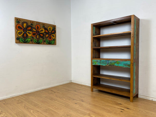 Boatwood by WMK # Einzigartiges Bücherregal mit Schubladen , ein aus altem Bootsholz handgefertigtes Unikat aus massivem Teakholz # Bücherschrank Regal Highboard Holzregal Küchenregal Raumtrenner Teak