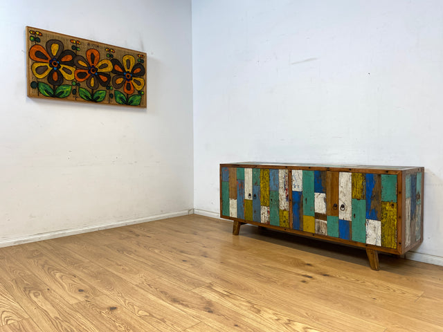 Boatwood by WMK # Bunterschönes & nachhaltiges Sideboard aus altem Bootsholz, ein handgefertigtes Unikat aus massivem Teakholz # Kommode TV-Lowboard Fernsehkommode Anrichte TV-Bank Bootsmöbel Teak