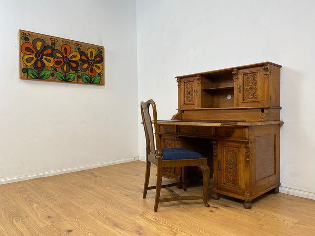 WMK Imposanter antiker Aufsatzschreibtisch aus massiver Eiche mit ausziehbarer, lederbezogener Schreibplatte & schönen Holzapplikationen # Schreibtisch Arbeitstisch Desk Sekretär Gründerzeit Vintage