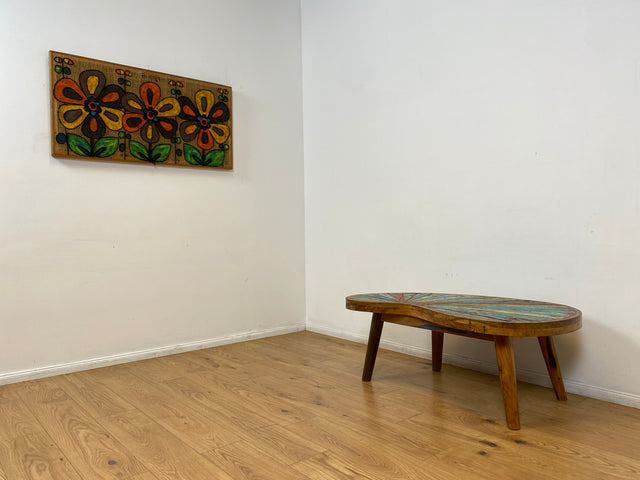 Bootwood by WMK I Einzigartiger formschöne Nierentisch mit bunter Patchwork Tischplatte I handgefertigtes Unikat aus altem Bootsholz l Teakholz massiv I Couchtisch Coffee Table Berlin Köln NRW Bayern