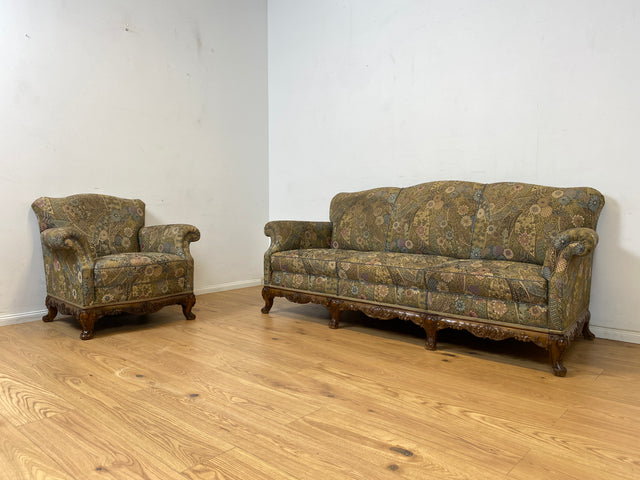 WMK Wunderschönes & gut erhaltenes 60er Jahre Sofa im Barock Stil mit tollem Bezug, reichverziertem Holzrahmen & bequemen Federkern # Couch 3-Sitzer Sitzgarnitur Rokoko Chippendale Stilmöbel Vintage
