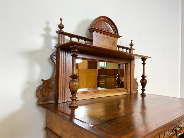 WMK # Wunderschönes schmales antikes Vertiko aus vollem Holz in Nussbaum mit Spiegel Aufsatz & imposanten Zopfsäulen # Säulenschrank Aufsatzvertiko Schrank Wäscheschrank Flurschrank Gründerzeit Vintage