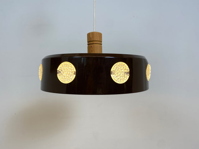 WMK # Sehr coole skandinavische 70er Jahre Space Age Deckenlampe mit braunem Metallschirm & gelblich leuchtenden Glaseinsätzen # Pendelleuchte Deckenleuchte Hängelampe Lampe Küchenlampe Retro Vintage
