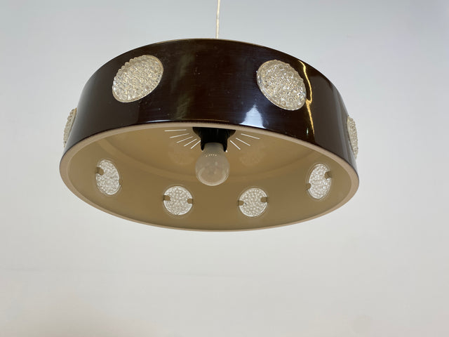 WMK # Sehr coole skandinavische 70er Jahre Space Age Deckenlampe mit braunem Metallschirm & gelblich leuchtenden Glaseinsätzen # Pendelleuchte Deckenleuchte Hängelampe Lampe Küchenlampe Retro Vintage
