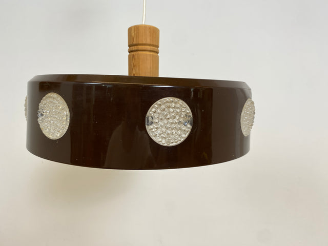 WMK # Sehr coole skandinavische 70er Jahre Space Age Deckenlampe mit braunem Metallschirm & gelblich leuchtenden Glaseinsätzen # Pendelleuchte Deckenleuchte Hängelampe Lampe Küchenlampe Retro Vintage