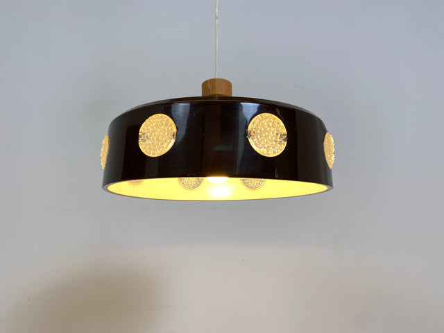 WMK # Sehr coole skandinavische 70er Jahre Space Age Deckenlampe mit braunem Metallschirm & gelblich leuchtenden Glaseinsätzen # Pendelleuchte Deckenleuchte Hängelampe Lampe Küchenlampe Retro Vintage