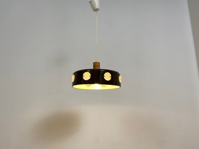 WMK # Sehr coole skandinavische 70er Jahre Space Age Deckenlampe mit braunem Metallschirm & gelblich leuchtenden Glaseinsätzen # Pendelleuchte Deckenleuchte Hängelampe Lampe Küchenlampe Retro Vintage