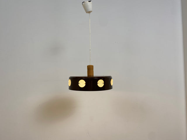 WMK # Sehr coole skandinavische 70er Jahre Space Age Deckenlampe mit braunem Metallschirm & gelblich leuchtenden Glaseinsätzen # Pendelleuchte Deckenleuchte Hängelampe Lampe Küchenlampe Retro Vintage