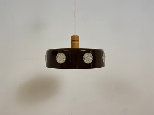 WMK # Sehr coole skandinavische 70er Jahre Space Age Deckenlampe mit braunem Metallschirm & gelblich leuchtenden Glaseinsätzen # Pendelleuchte Deckenleuchte Hängelampe Lampe Küchenlampe Retro Vintage