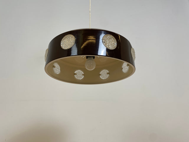 WMK # Sehr coole skandinavische 70er Jahre Space Age Deckenlampe mit braunem Metallschirm & gelblich leuchtenden Glaseinsätzen # Pendelleuchte Deckenleuchte Hängelampe Lampe Küchenlampe Retro Vintage