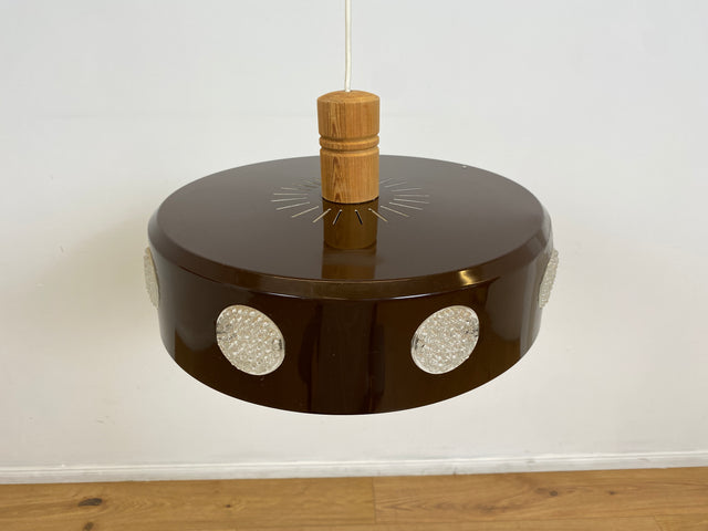 WMK # Sehr coole skandinavische 70er Jahre Space Age Deckenlampe mit braunem Metallschirm & gelblich leuchtenden Glaseinsätzen # Pendelleuchte Deckenleuchte Hängelampe Lampe Küchenlampe Retro Vintage