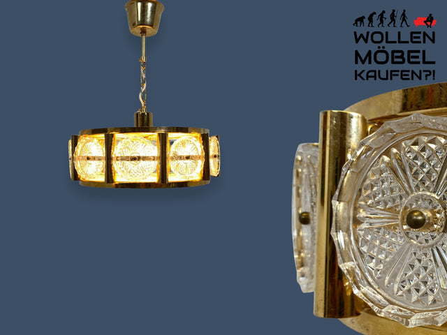 WMK I Besonders schöne skandinavische Pendelleuchte von Carl Fagerlund für Orrefors aus Messing und Kristallglas I Deckenleuchte Deckenlampe Lüster Kronleuchter Hängelampe Hängeleuchte Vintage 60er