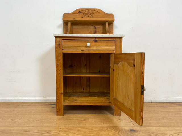 WMK # Sehr schöne und gut erhaltene skandinavische antike Kommode aus vollem Holz mit Aufsatz & Marmor Auflage # Schrank Waschtisch Weichholzkommode Marmorkommode Flurkommode Jugendstil Vintage Berlin