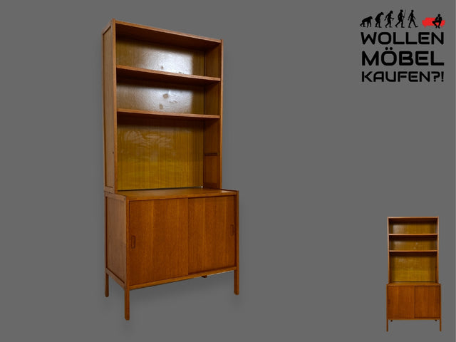 WMK I Minimalistischer skandinavischer 70er Jahre Bücherschrank in Teakholz mit Schiebetüren I Regal Bücherregal Highboard Kommode Holzregal Danish Design Mid-Century Vintage Teak Berlin Dresden Köln